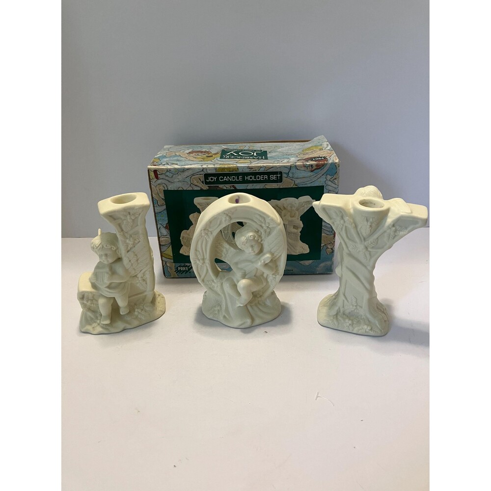 Vintage 1996 JOY Angel Candle Holder Set, Cherub Christmas Decor (Original Box)